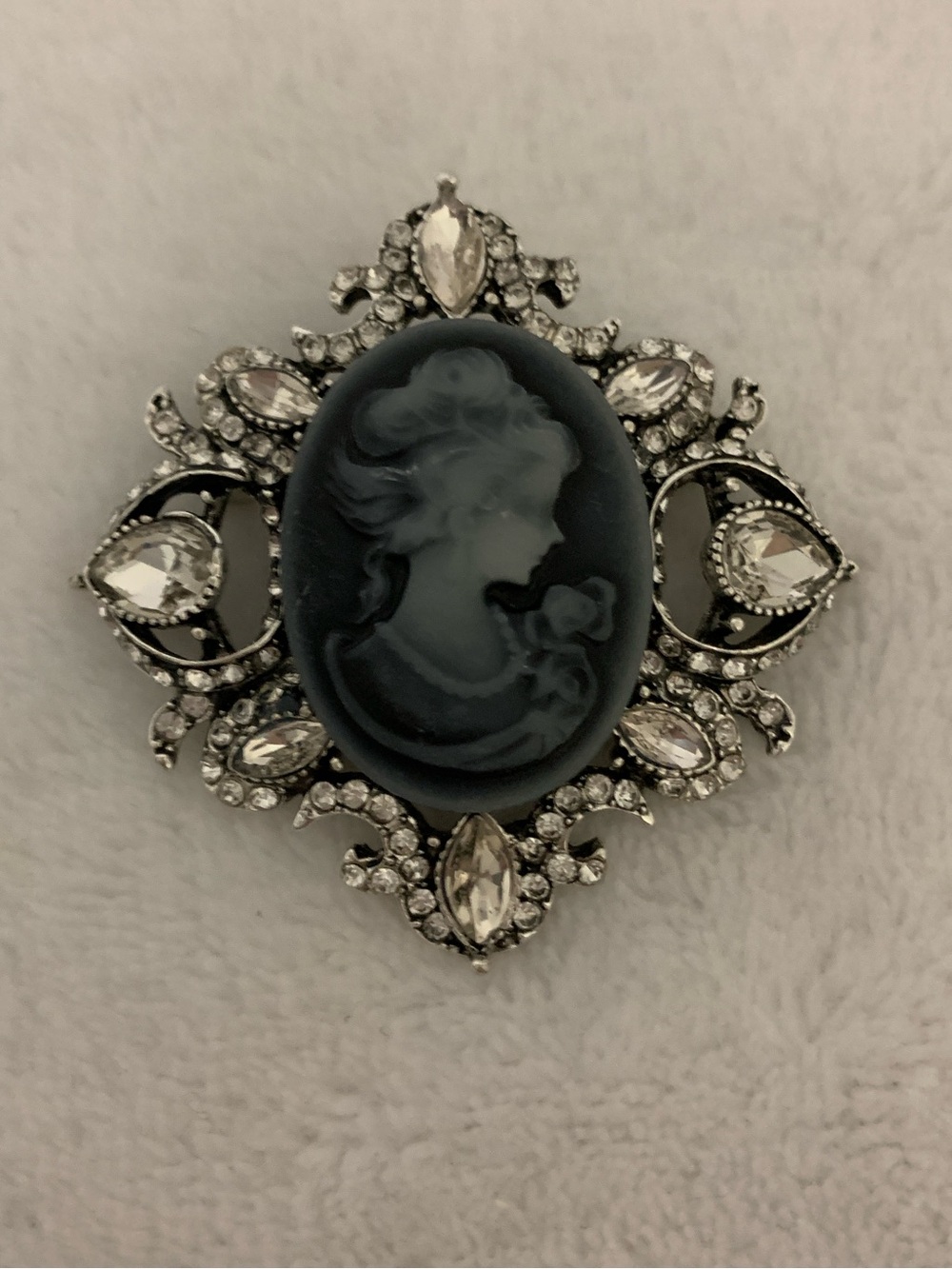 Antique-Style Black Cameo Brooch with Crystal Accents